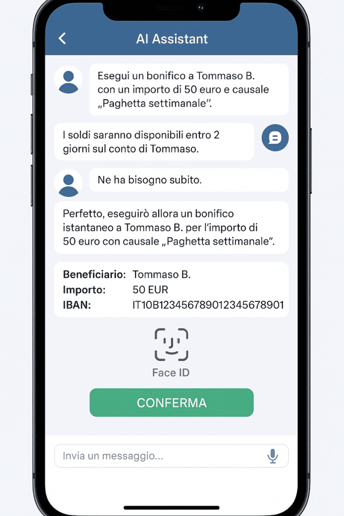 Interfaccia di un AI Assistant che semplifica le operazioni aziendali in ambito bancario eseguendo un bonifico